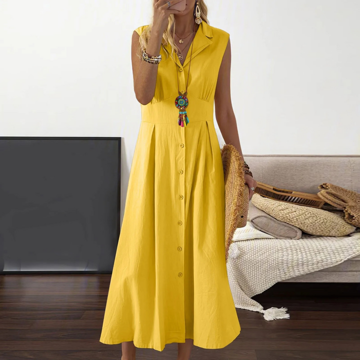 Versatile women's sleeveless A-line midi dress with V-neck collar & button-down front. Great for casual elegance.