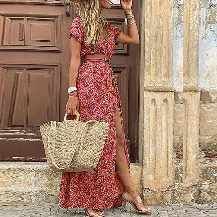 Elegant women's boho maxi dress with a matching belt. Airy, flowy, and perfect for bohemian summer fashion.