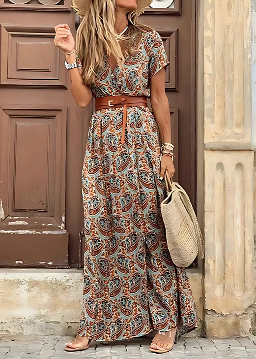 Breezy women's airy boho maxi dress, a long flowy summer dress with a stylish matching belt.