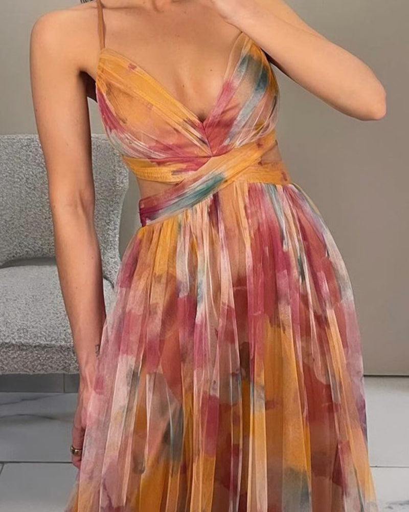 Flowing sleeveless women's maxi dress with intricate hollow out details, perfect for beach & summer events.