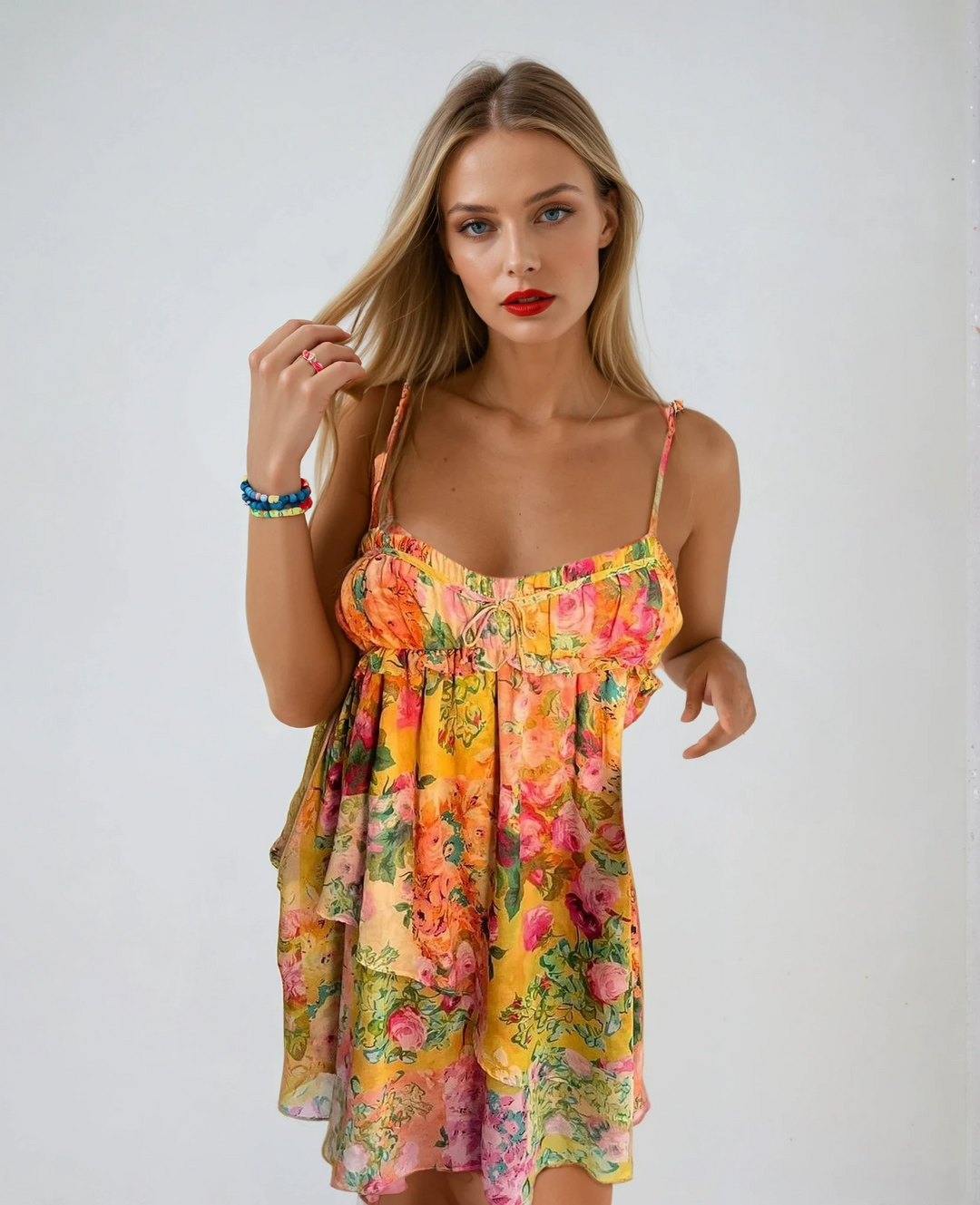 Women's Amalfi floral mini dress with short sleeves, perfect for summer vacations. Flowy tiered design.
