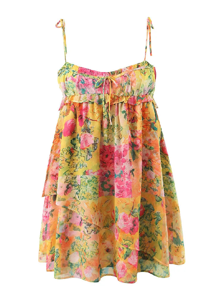 Fashionable women's floral mini dress for summer. Vibrant Amalfi print, short and flowy, great for vacation style.