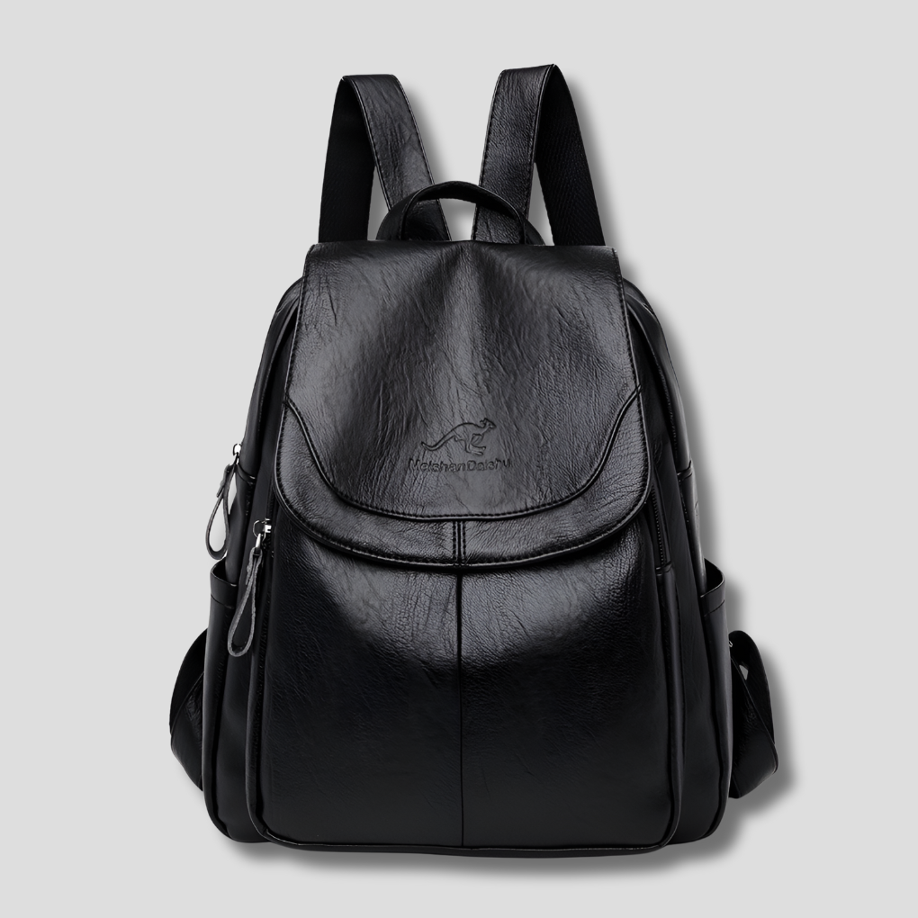 Secure women's travel backpack in embossed leather. Anti-theft design for safe and stylish journeys.