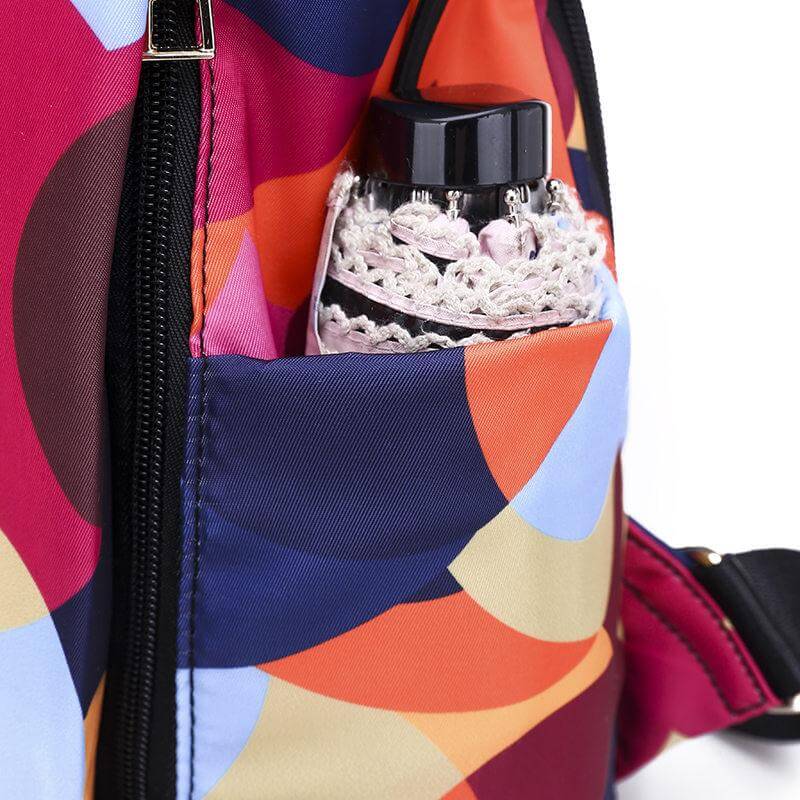 Close-up of SafeHold anti-theft women's backpack. Highlights water-resistant material, secure zippers & pockets.