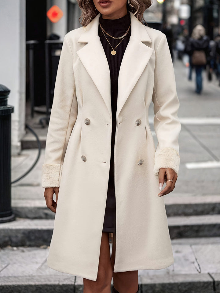 Classic women's fall/winter apricot trench coat, featuring a stylish notched lapel and double-breasted design.