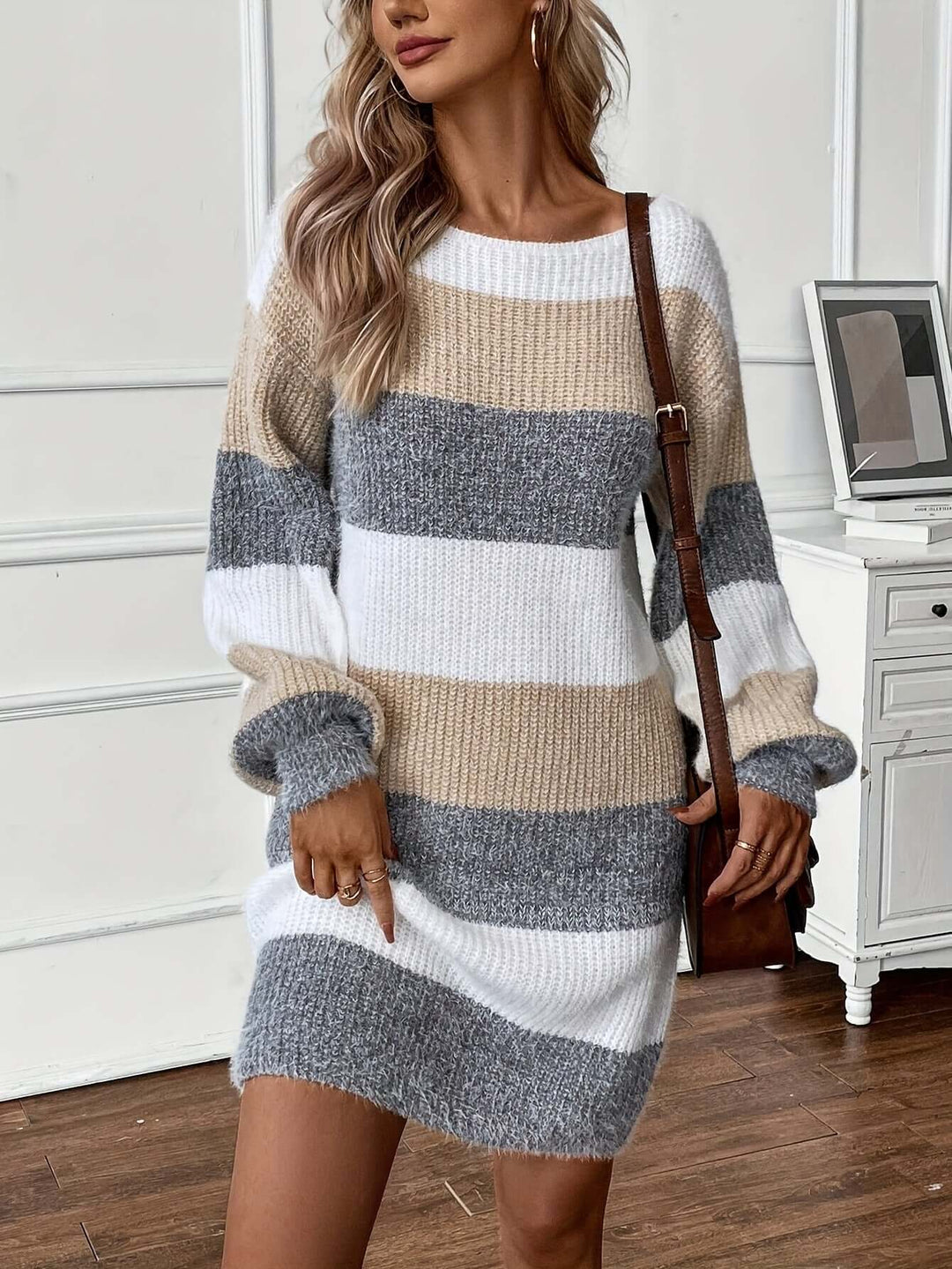 Women's apricot striped knitted sweater dress, long sleeve, cozy & chic fall fashion.