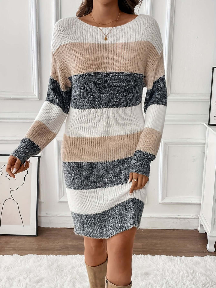 Women's apricot long-sleeve striped knitted sweater dress, cozy & comfortable casual wear.
