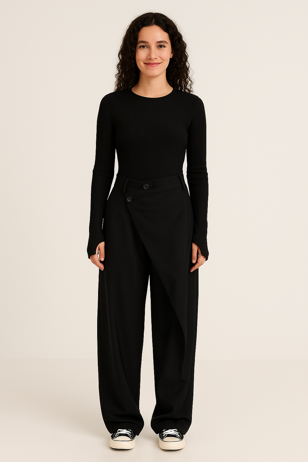 Women's asymmetrical relaxed fit trousers in black, offering a modern chic style for everyday elegance.