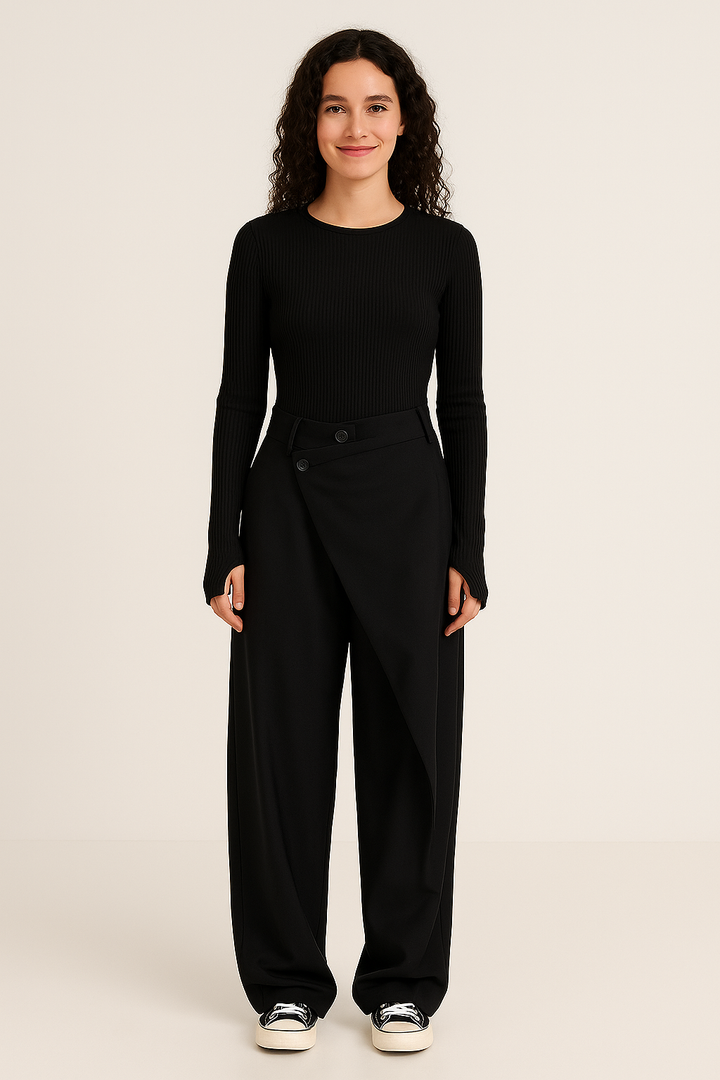 Women's asymmetrical relaxed fit trousers in black, offering a modern chic style for everyday elegance.