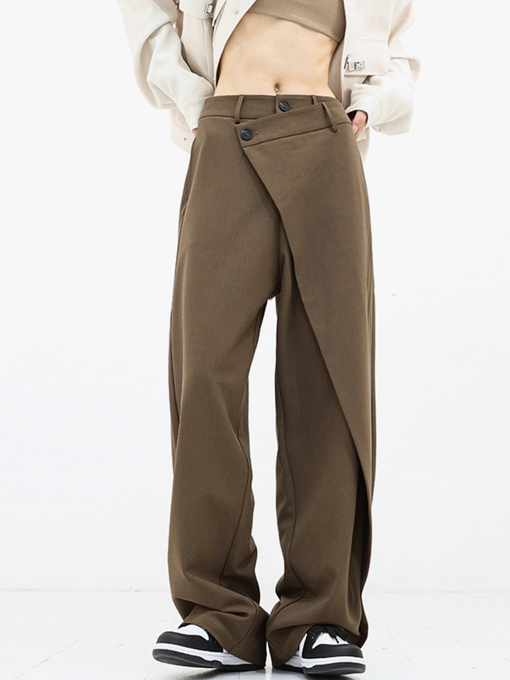 Modern women's asymmetrical relaxed fit pants, offering ultimate comfort and sophisticated style.