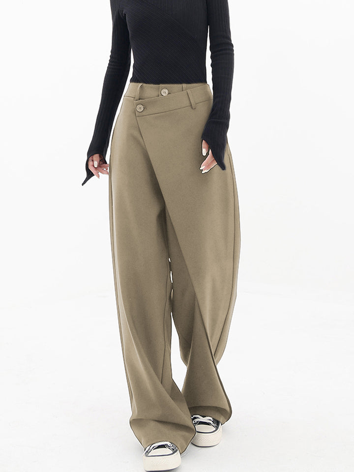 Easy-to-wear women's asymmetrical relaxed fit trousers, perfect for a chic and comfortable everyday look.