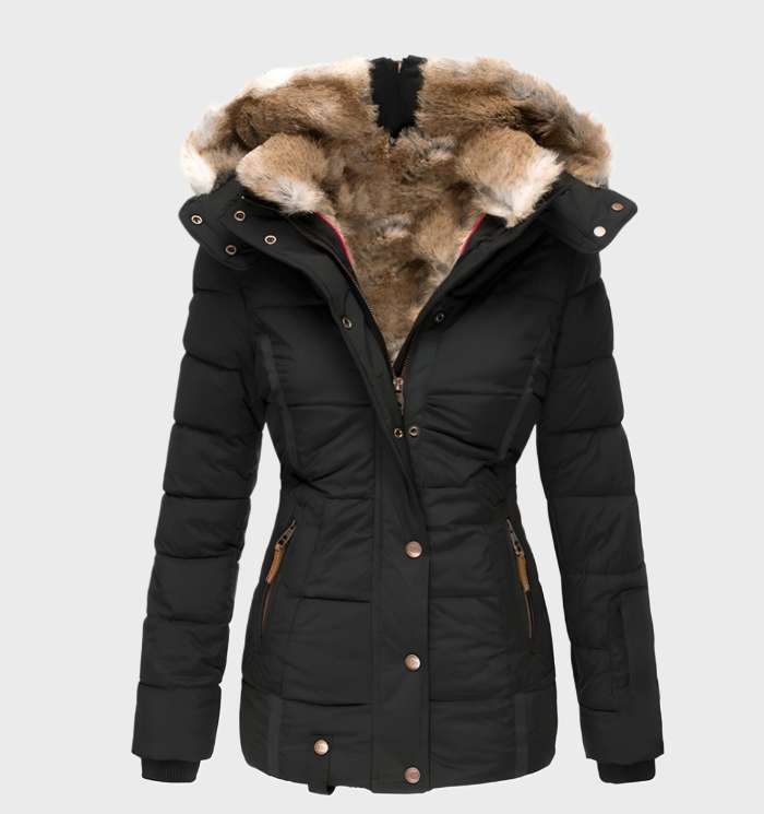 Women's Aurora slim fit winter jacket with a cozy hood, perfect for cold weather and stylish everyday wear.