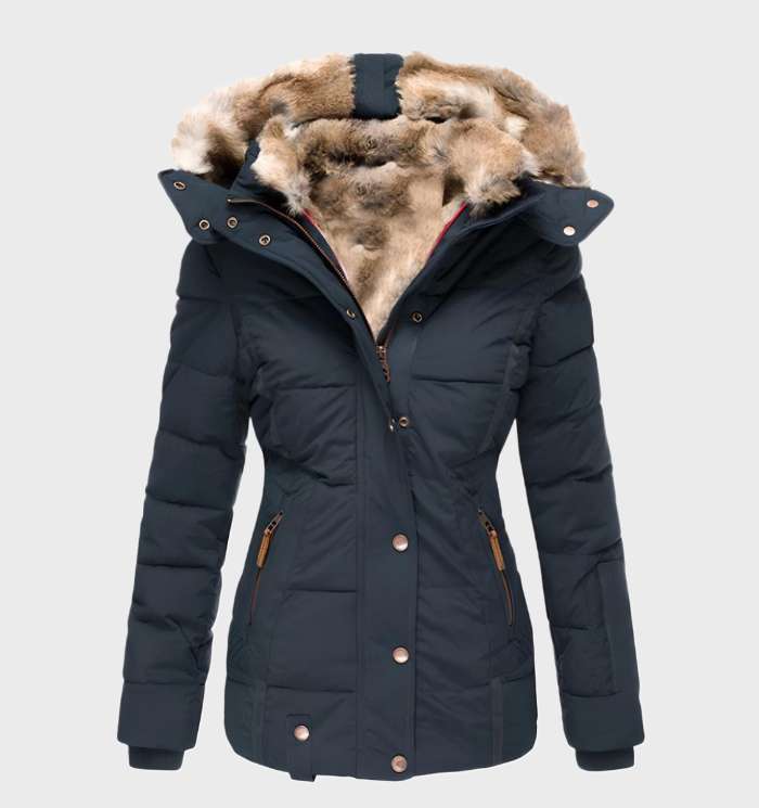 Stylish women's Aurora slim fit hooded winter jacket, ideal for fashion-forward cold weather outerwear.