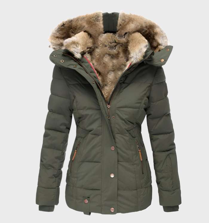 Warm Women's Aurora slim fit hooded winter jacket, a sleek and fashionable coat for chilly days.