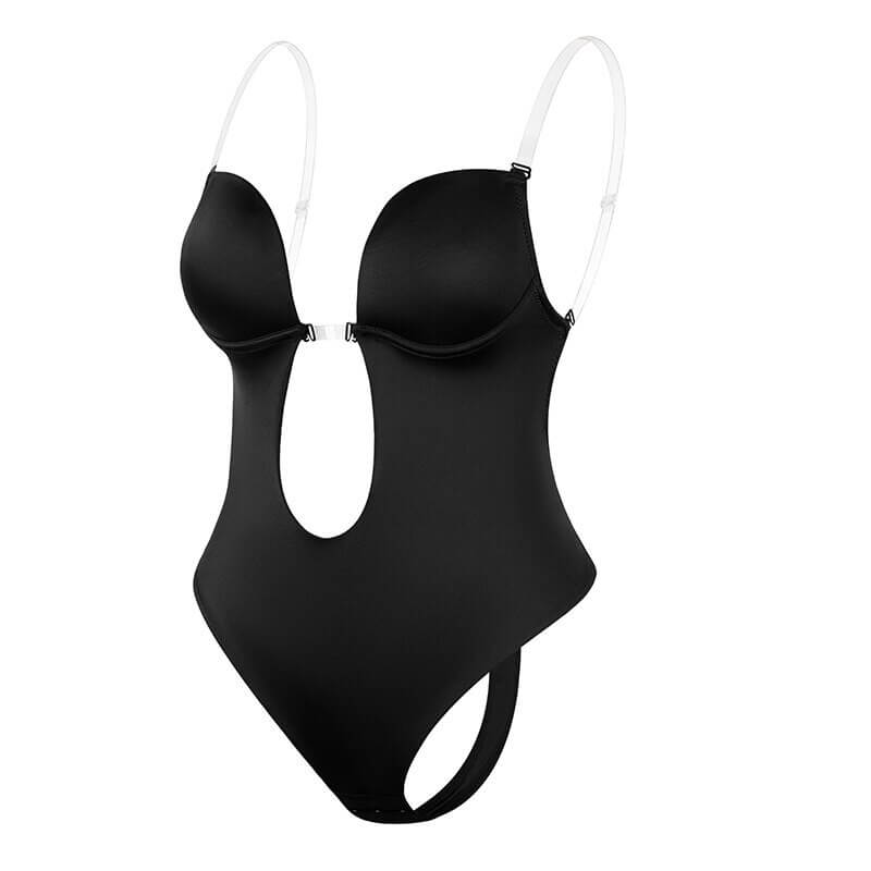 Women's backless body shaper for seamless style. Low back, deep plunge, invisible under dresses.