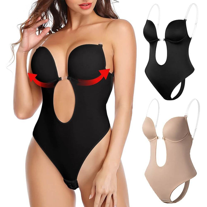 Seamless backless body shaper with bust lift & tummy control. Women's shapewear for smooth silhouette.