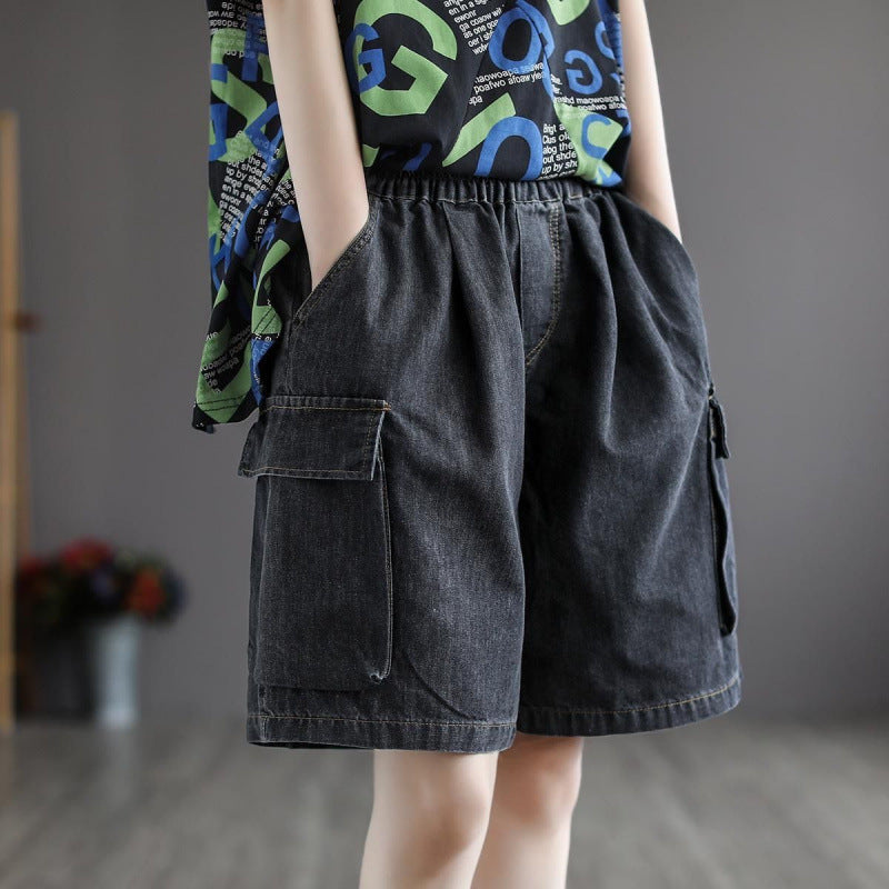 Close-up of women's wide leg denim cargo jorts with prominent utility pockets, ideal for a relaxed summer outfit.