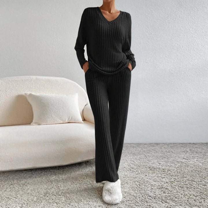 Black knit two-piece women's lounge set. Relaxed fit, comfortable and stylish everyday loungewear outfit.