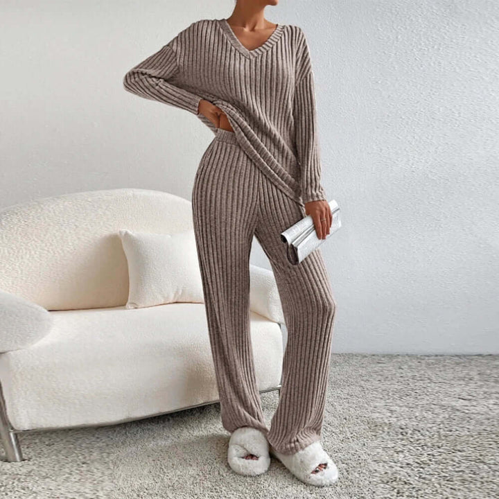 Comfortable women's knit lounge set in beige. Relaxed fit two-piece for ultimate fall & winter coziness.