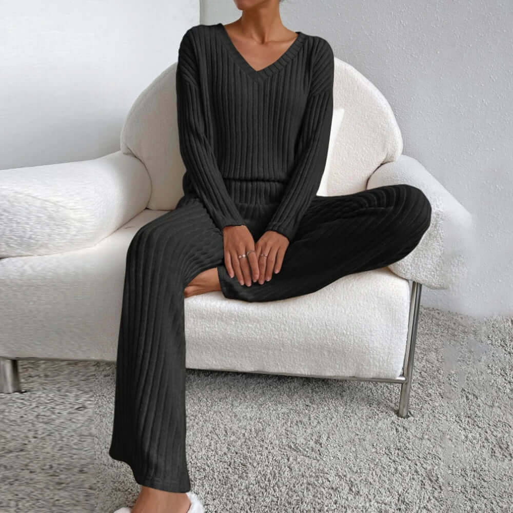Women's relaxed fit black knit two-piece set. Essential cozy loungewear for ultimate comfort and relaxation.