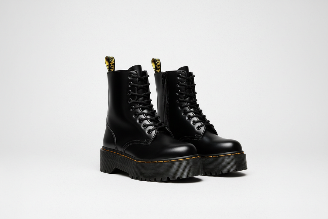 Women's black bold platform lace-up ankle boots with chunky sole for a trendy, statement fashion look.