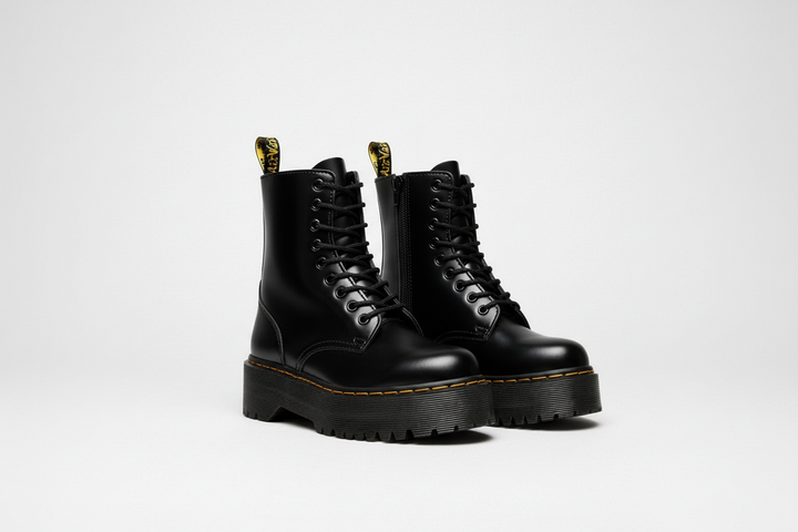 Women's black bold platform lace-up ankle boots with chunky sole for a trendy, statement fashion look.