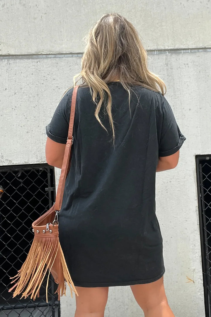 Comfortable women's short sleeve black graphic tee mini dress, an edgy statement piece for summer fashion.