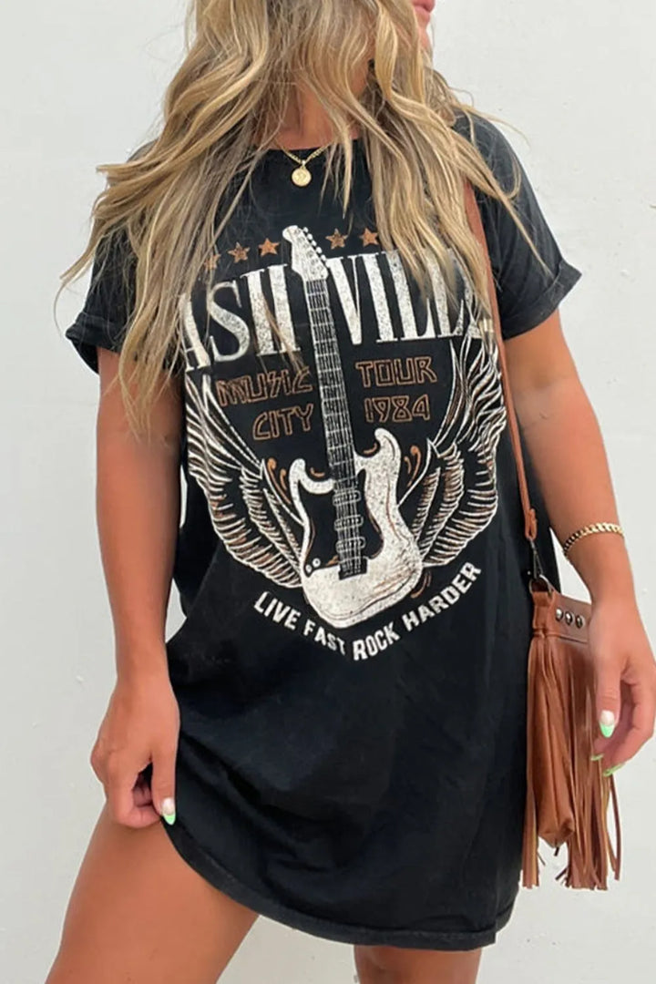 Edgy women's black graphic tee mini dress, short sleeve, relaxed fit for effortless casual style & comfort.