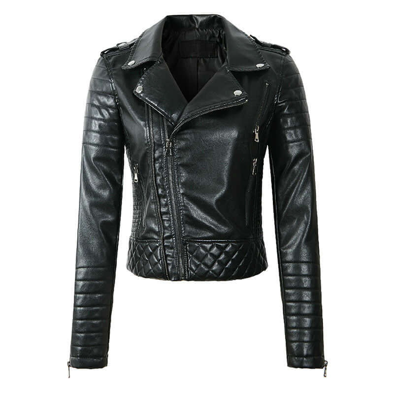 Women's black faux leather biker jacket with quilted detailing, edgy style, and silver hardware.