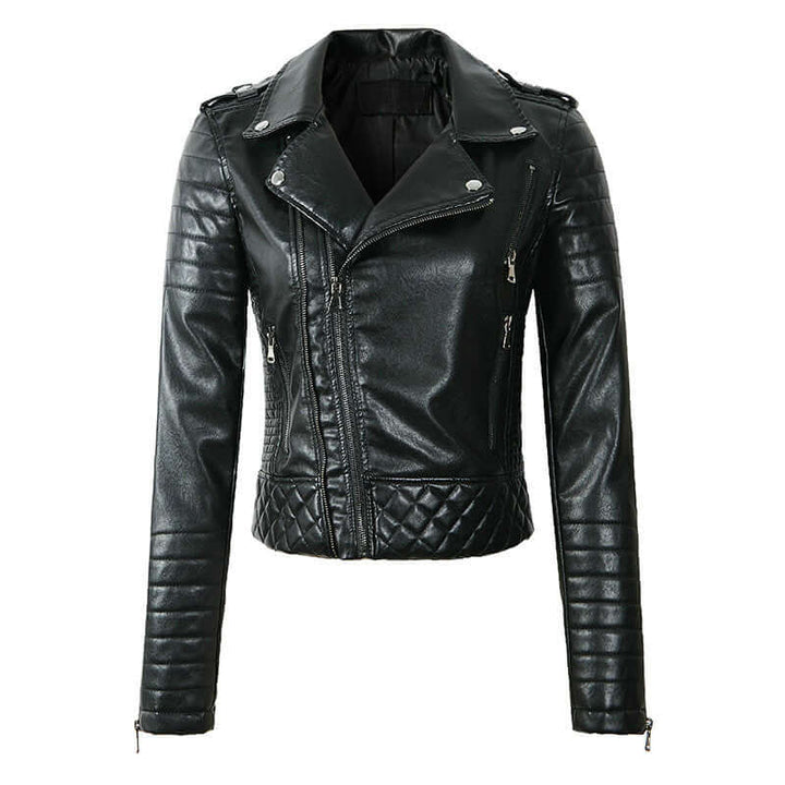 Women's black faux leather biker jacket with quilted detailing, edgy style, and silver hardware.
