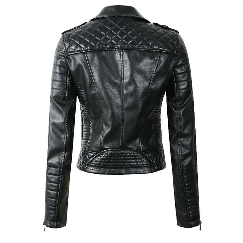 Modern women's faux leather biker jacket, black, with quilted panels, perfect for an edgy casual outerwear look.