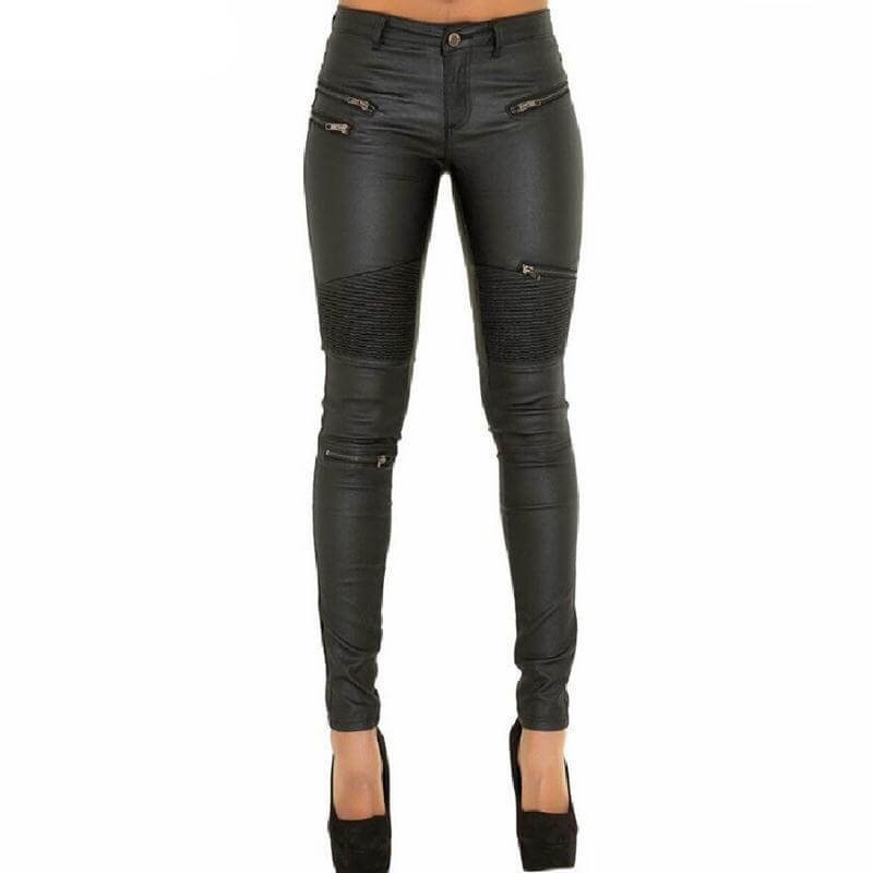 Women's black faux leather skinny jeans. Chic & fashionable stretch pants for an edgy, comfortable look.