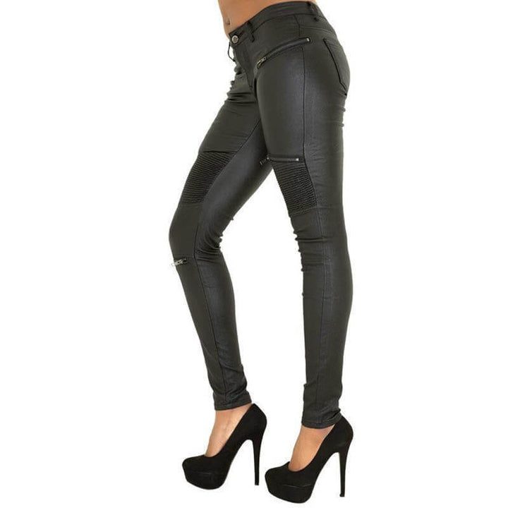 Stylish women's faux leather skinny jeans, black, with a comfortable stretch fit. Fashionable & edgy pants.