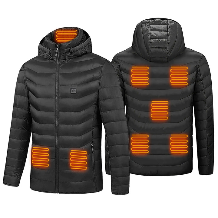 Women's black heated puffer jacket with hood for ultimate winter warmth & cold weather protection. Ideal outdoor wear.