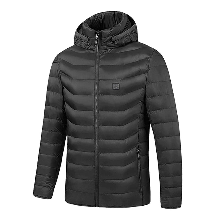 Warm women's heated puffer jacket with a hood, offering superior thermal insulation for winter outdoor wear.