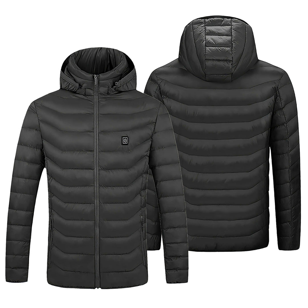 Durable women's heated puffer jacket, featuring a protective hood and full zip, designed for extreme cold weather.