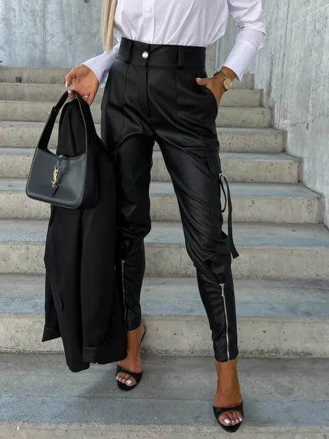 Women's black high waist wide leg trousers, elegant & comfortable polyester blend pants for office or casual wear.