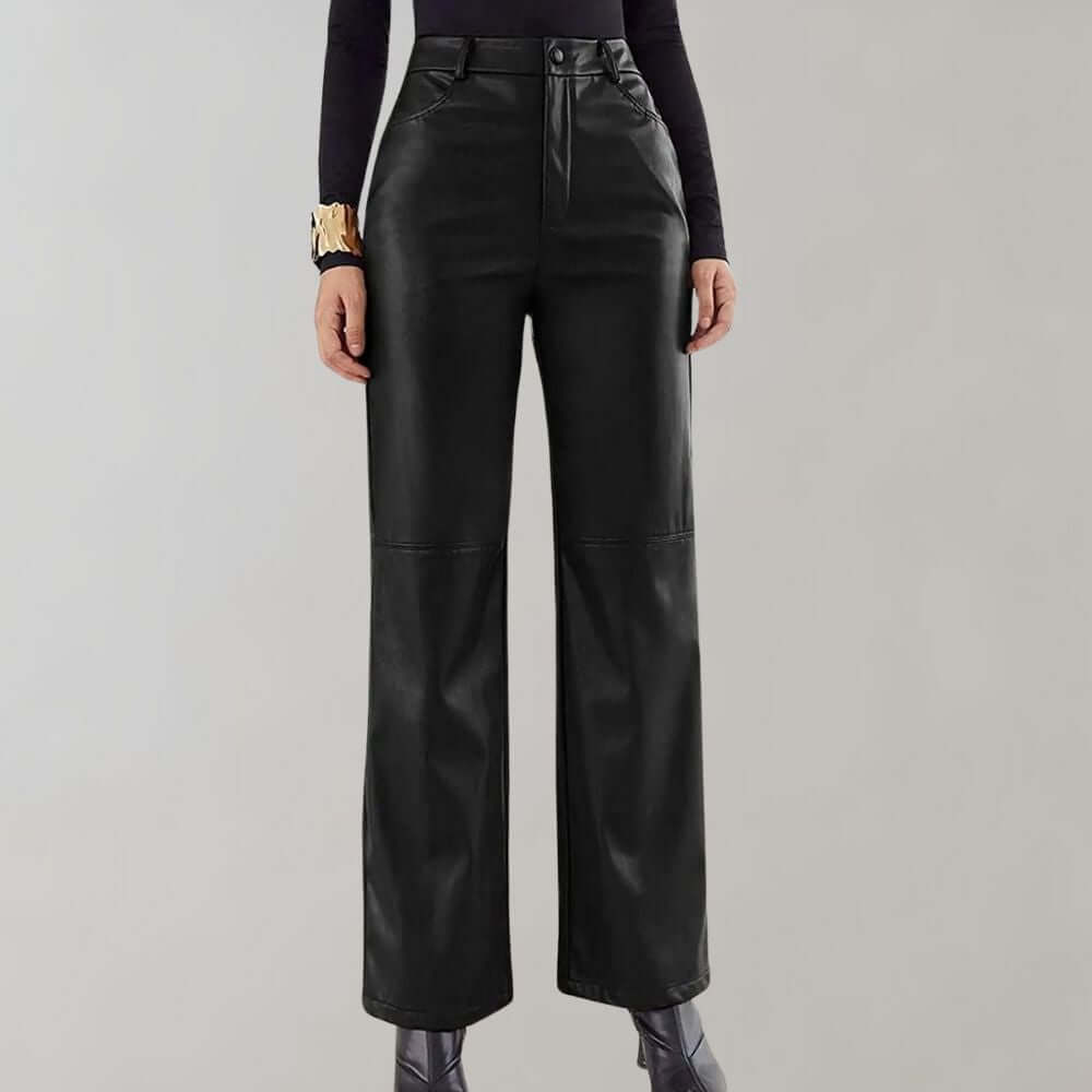 Women's black high-waisted straight leg trousers for versatile office or casual wear.