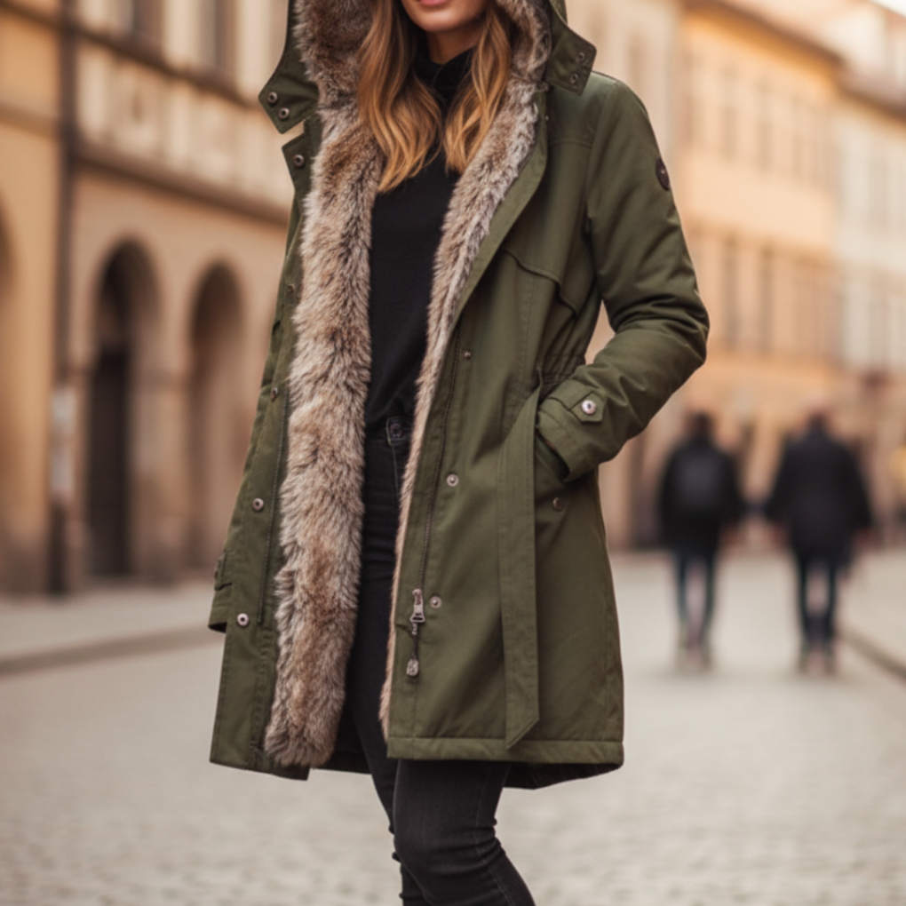 Green women's padded winter parka with a cozy hood, long coat for ultimate warmth in cold weather.