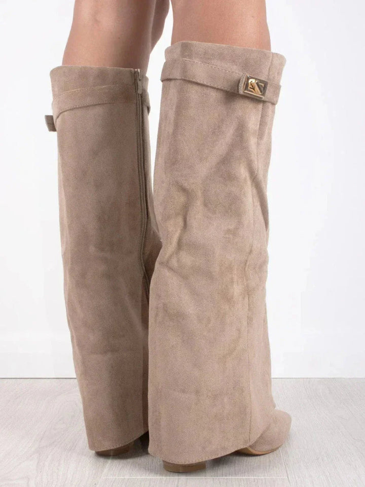 Stylish women's knee-high flap boots, block heel, pointed toe; perfect for fall and winter outfits.
