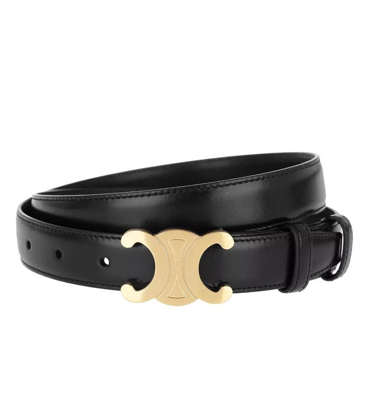 Stylish black leather women's belt featuring a polished gold buckle, ideal for dresses & casual wear.