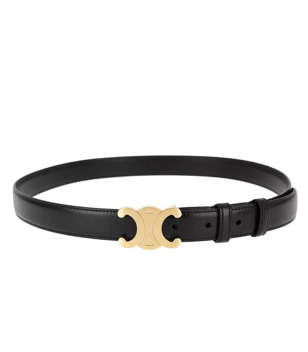 Chic women's black leather belt with an elegant gold buckle, perfect for fashion-forward styling.