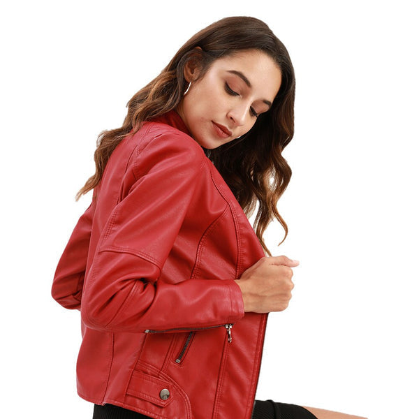Women's black leather jacket with mandarin collar. Stylish & edgy outerwear for fall & spring fashion.