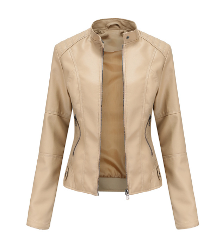 Chic women's moto jacket featuring a sleek mandarin collar. Edgy & versatile outerwear for modern style.
