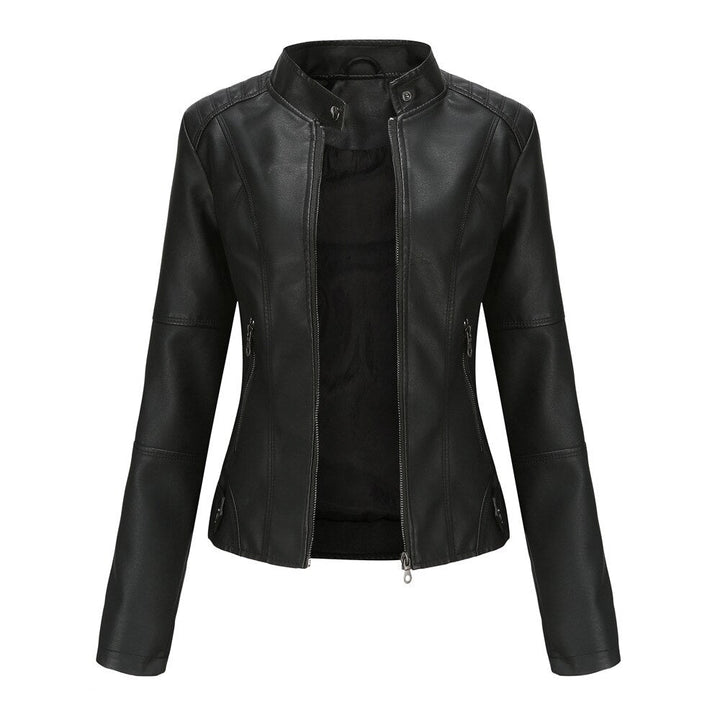 Women's genuine leather jacket with a distinctive mandarin collar. Stylish & comfortable for fall/spring.