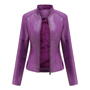 Versatile women's black leather jacket with a mandarin collar. Ideal spring/fall fashion & edgy style.
