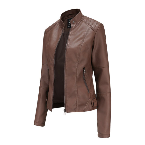 Sleek women's black leather jacket featuring a chic mandarin collar, perfect for an edgy fashion statement.