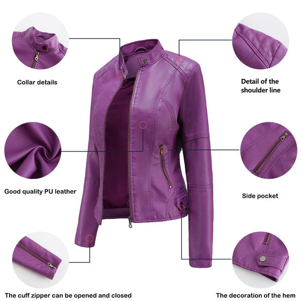Comfortable & stylish women's leather jacket with a mandarin collar. Edgy outerwear for a chic fashion look.