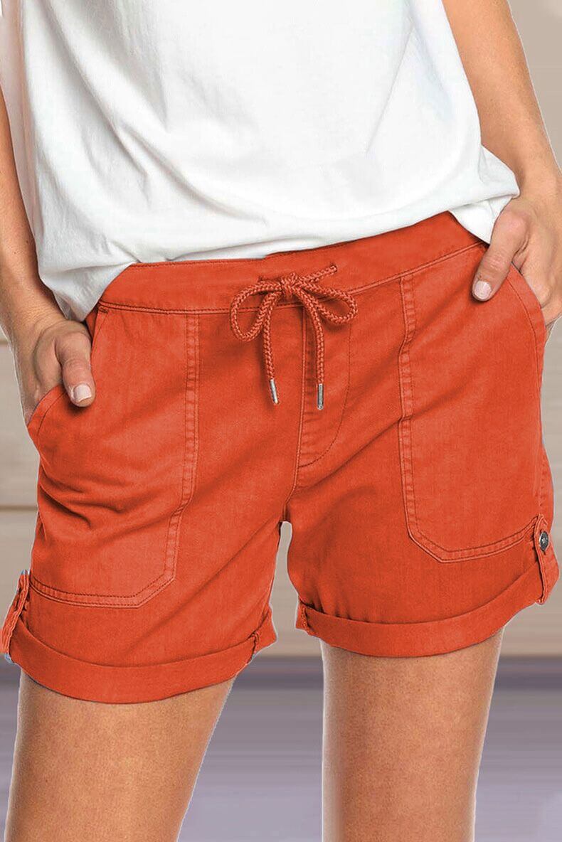 Light blue women's relaxed fit casual shorts, drawstring waist. Great for everyday summer comfort.