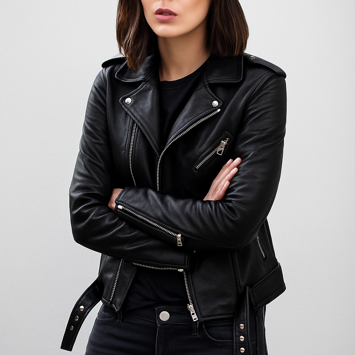 Chic women's slim fit biker jacket, perfect for an edgy casual style in autumn or winter. Zip-up outerwear.